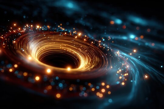 Futuristic energy vortex with glowing light trails / Sci-fi wormhole tunnel in deep space