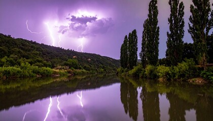 Dramatic lightning strikes illuminate a serene river landscape with lush green trees reflecting in the calm water during a powerful storm