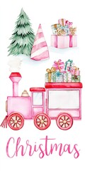 A whimsical illustration of a pink toy train, festive trees, and wrapped gifts, embodying the spirit of Christmas. Featuring a watercolor style. Merry Christmas Banner