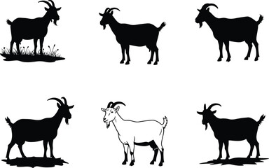 Goat silhouette vector illustration, black and white farm animal icons, horned goat side view, livestock graphic set, isolated goat shapes