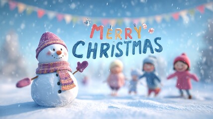 A whimsical Christmas scene with a snowman, adorned with a charming hat, scarf, and mittens, standing amidst a gentle snowfall with children in a snowy land.  Merry Christmas Banner
