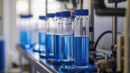 Chemical experimentation in a laboratory setting scientific research glass bottles blue liquid detailed close-up view innovative techniques