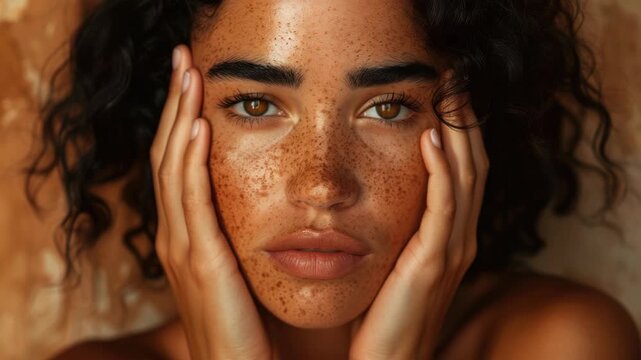 A woman with brown hair and a mole on her face. She is holding her hands up to her face