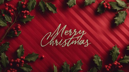 Festive text of Merry Christmas is adorned by holly and vibrant red background, conveying warmth, joy, and holiday spirit. Merry Christmas Banner