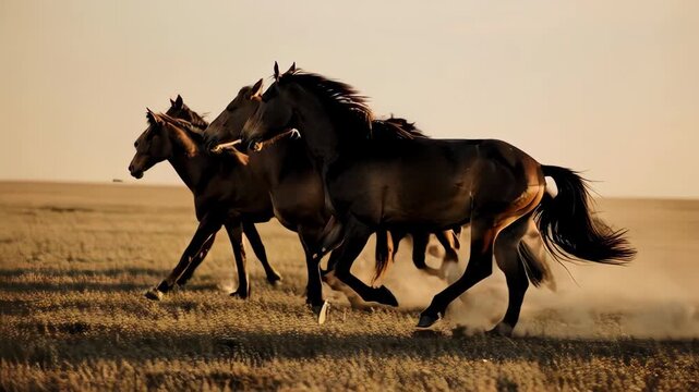 A powerful and majestic slow-motion shot of wild horses running free. Represents freedom, power, untamed spirit, and natural beauty. Cinematic and epic footage.