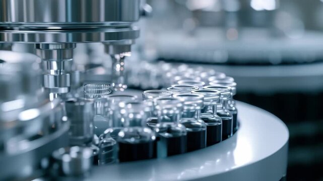 A machine is filling bottles with a clear liquid. The bottles are lined up in a row. The machine is in a factory