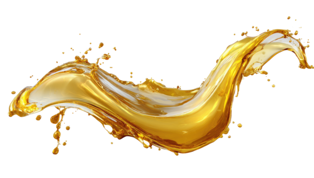 Golden liquid splash, dynamic and fluid.  A luxurious, golden liquid curves in a dramatic splash against a black background.  Small droplets and bursts of liquid accentuate the movement