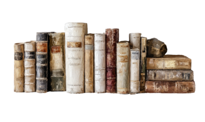 A row of aged books, various colors and textures