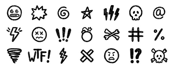 Crayon swear word and hate icons doodle set. Scribble angry comic symbol in sketch style. Hand drawn vector illustration isolated on white background