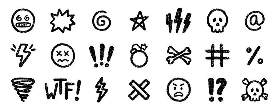 Crayon swear word and hate icons doodle set. Scribble angry comic symbol in sketch style. Hand drawn vector illustration isolated on white background