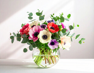 ガラスの花瓶に活けたアネモネの花