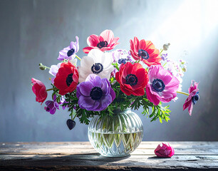 ドラマチックな光とアネモネの花