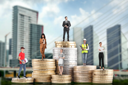 Personal wealth. People of various professions standing on different stacks of coins according to their salaries against cityscape
