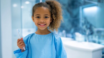 Young girl smiles while brushing her teeth in a bright bathroom wearing a blue dental bib