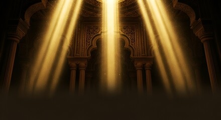 Golden Light Rays Illuminating an Ancient, Ornate Temple Interior