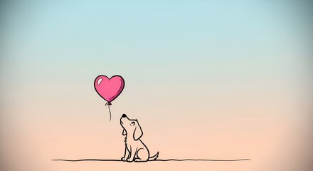 Cute Cartoon Puppy Gazing Hopefully at a Pink Heart Balloon