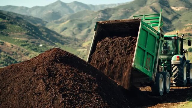 Medium shot of agricultural organic waste being converted into nutrientrich biochar to enhance soil fertility and crop yields on a rural farm.