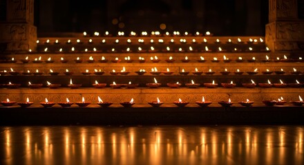 Rows of Traditional Clay Oil Lamps Casting a Warm Glow on Temple Steps