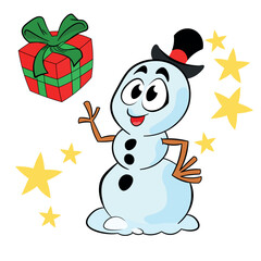 Cute kawaii snowman in a top hat with a gift, charming festive illustration. Winter, Christmas, and New Year, hand-drawn clip art. Vector illustration on a white background.