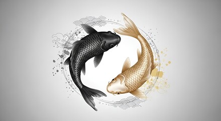 Stylized Black and Golden Koi Fish in Yin Yang Circle with Oriental Motifs