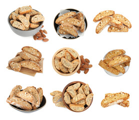 Tasty almond biscuits isolated on white, set. Traditional Italian Cantucci