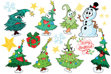 Set of funny Christmas trees. Characters with faces. Various emotions. Cartoon style. Merry Christmas, New year concept. Trees with garland with lights. Hand drawn Vector illustration.