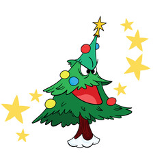 A character in the shape of a Christmas tree with an angry face, decorated with garlands. Surrounded by stars. With a star and decorations—a charming illustration of a festive day. 