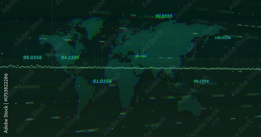 Wall mural digital world map silhouette showing metrics in virtual dashboard, with glowing line chart
