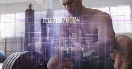 Squatting shirtless man gripping loaded barbell in gym with biometric data overlay