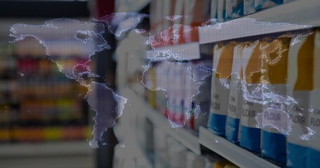 Showing shelves holding white and blue flour bags in grocery aisle, world map overlay, copy space