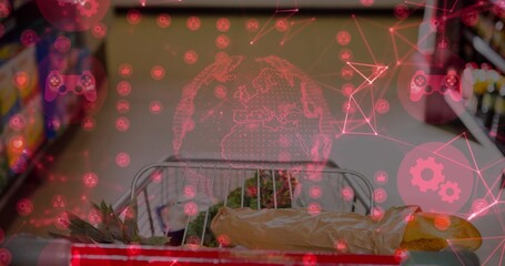 Moving cart in store aisle, with baguette, groceries, holographic network globe with social icons