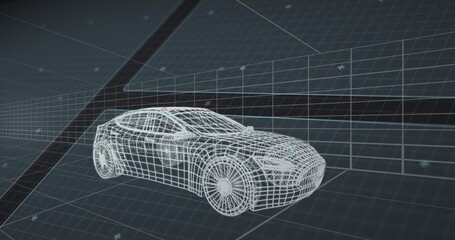 Displaying wireframe sedan model in digital modeling studio, with grid lines on floor and walls