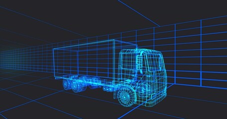 Rendering wireframe semi-truck model within 3D grid space, highlighting simulation depth