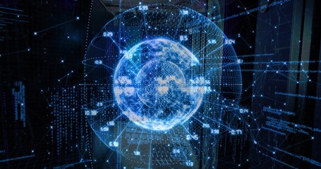 Floating sphere projecting data points numeric overlays and network lines in server room