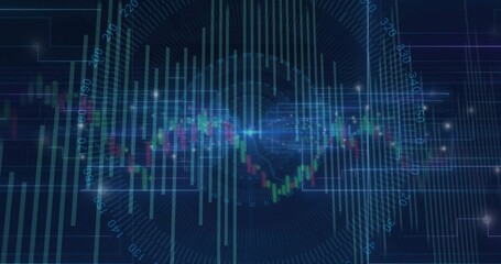 Showing abstract financial chart on digital dashboard with candlestick bars, bar lines, radial grid