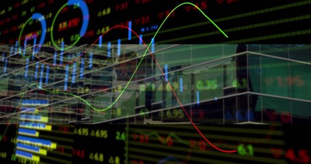Overlaying market chart on financial district glass facade, with candlestick bars, trend lines
