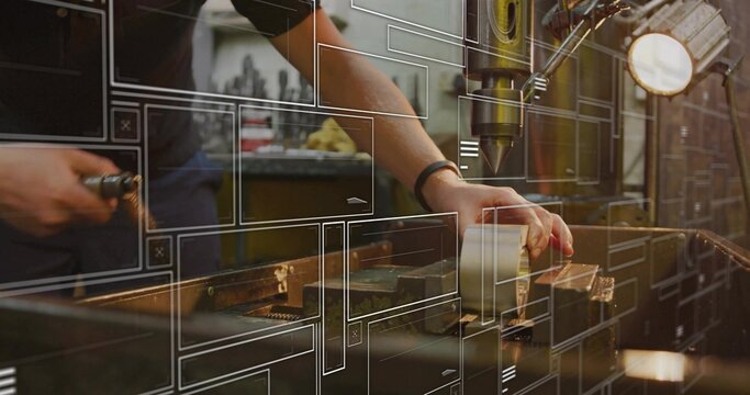 Operating machinist gripping workpiece under drill press in metal shop, digital overlays