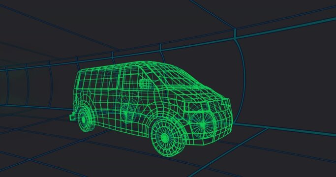 Rendering neon green wireframe passenger van gliding inside tunnel, featuring teal grid lines in 3D