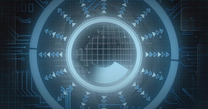 Presenting neon-blue interface hovering on virtual control panel, with concentric rings and arrows