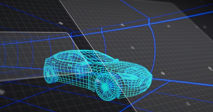 Displaying cyan wireframe sedan in 3D space, with 3D grid floor, curved walls, plus-shaped markers