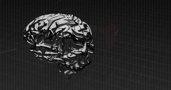 Floating liquid-metal brain sculpture reflecting light in 3D space, with grid plane and red accent