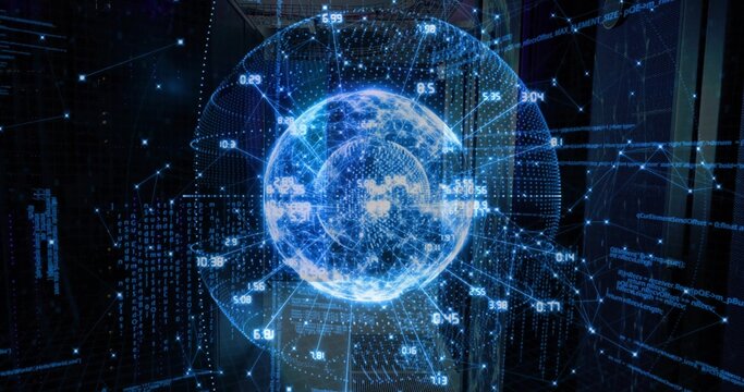 Floating sphere projecting data points numeric overlays and network lines in server room - Powered by Adobe