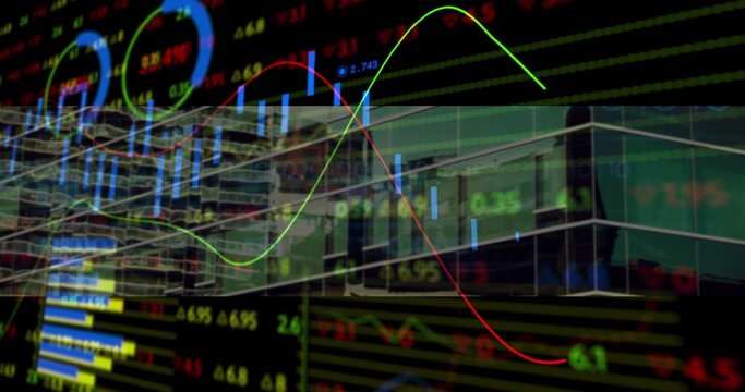Overlaying market chart on financial district glass facade, with candlestick bars, trend lines - Powered by Adobe