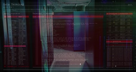 Monitoring IT tech in green shirt analyzing logs at data center, with translucent code overlay