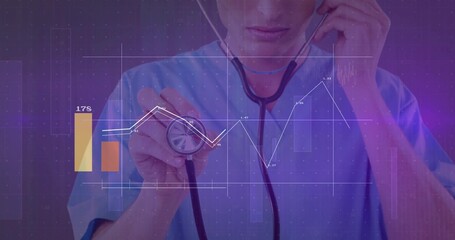 Displaying male doctor pressing stethoscope toward viewer in data display with floating charts