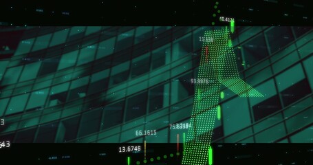Displaying green dotted arrow trending upward on glass facade with candlestick bars, copy space