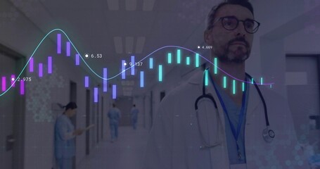 Standing doctor wearing coat with stethoscope in hospital corridor, with candlestick chart overlay
