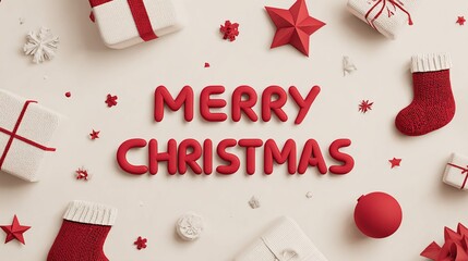 Festive holiday display with MERRY CHRISTMAS text, gifts, and ornaments, conveying the joy of the season. Merry Christmas Banner
