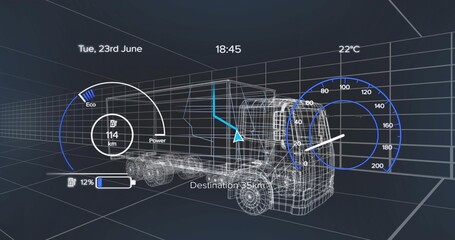 Showing wireframe semi-truck in grid, with overlays of eco-power, range and speedometer gauges © vectorfusionart