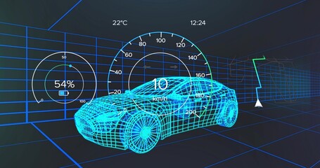 Floating wireframe car inside grid lab, showing speedometer, battery, temp, clock, navigation arrow